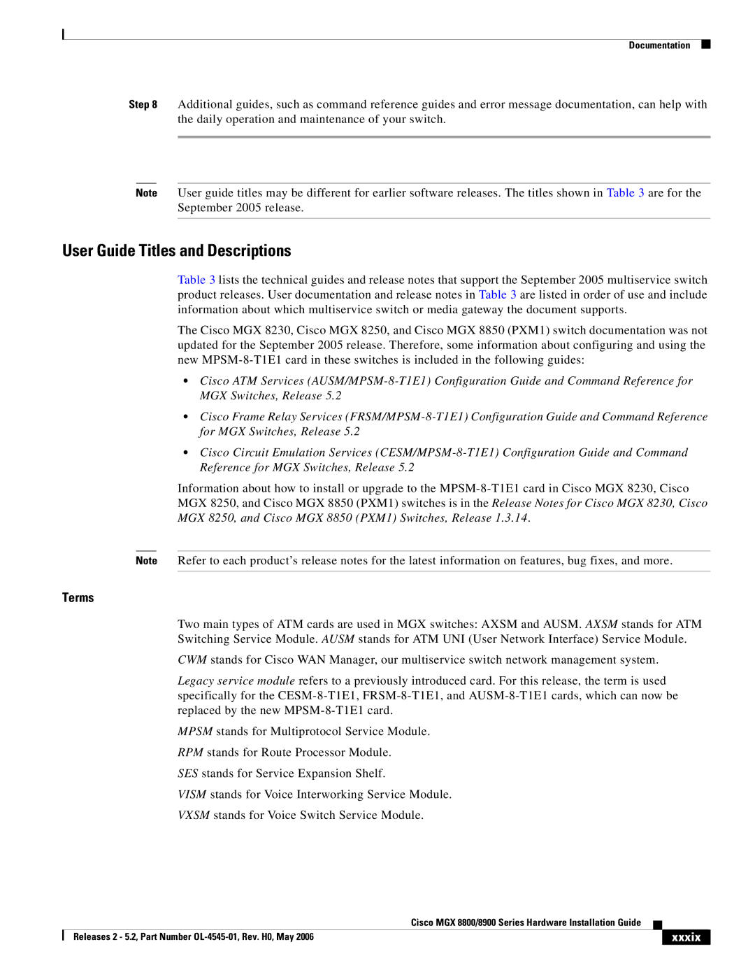 Cisco Systems 8800, 8900 specifications User Guide Titles and Descriptions, Xxxix 