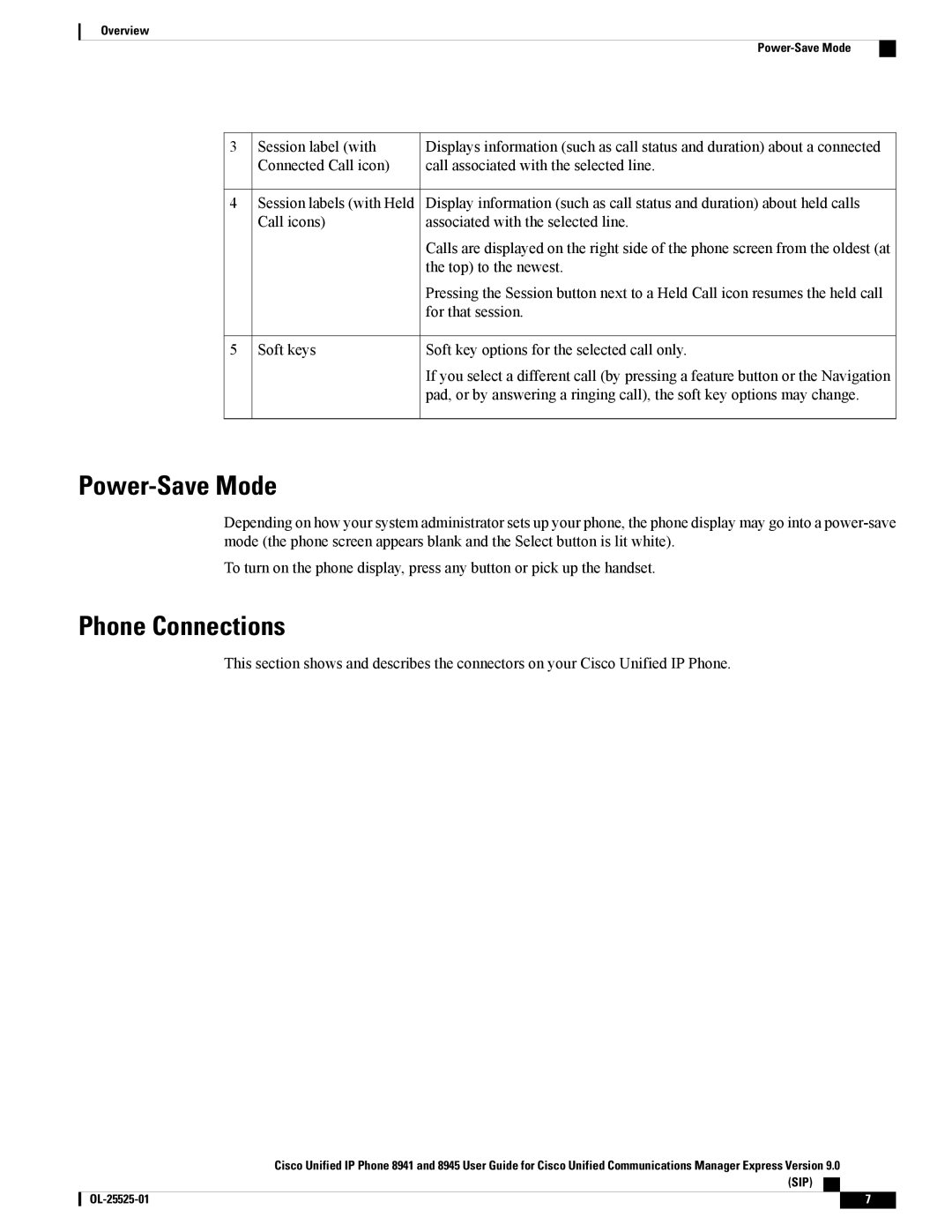 Cisco Systems 8945, 8941 manual Power-Save Mode, Phone Connections 