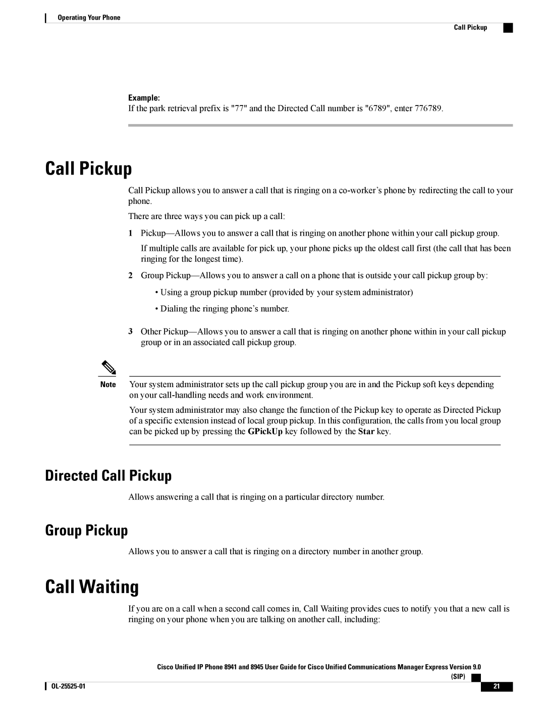 Cisco Systems 8945, 8941 manual Call Waiting, Directed Call Pickup, Group Pickup 