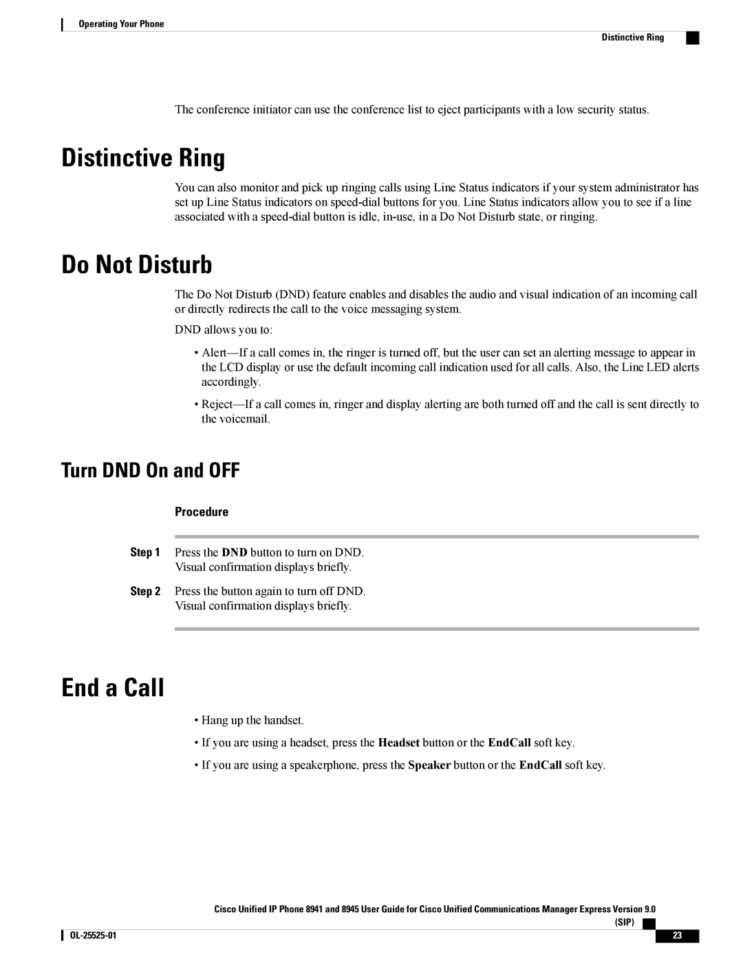 Cisco Systems 8945, 8941 manual Distinctive Ring, Do Not Disturb, End a Call, Turn DND On and OFF 