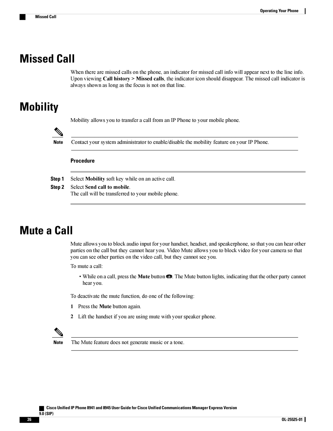 Cisco Systems 8941, 8945 manual Missed Call, Mobility, Mute a Call 