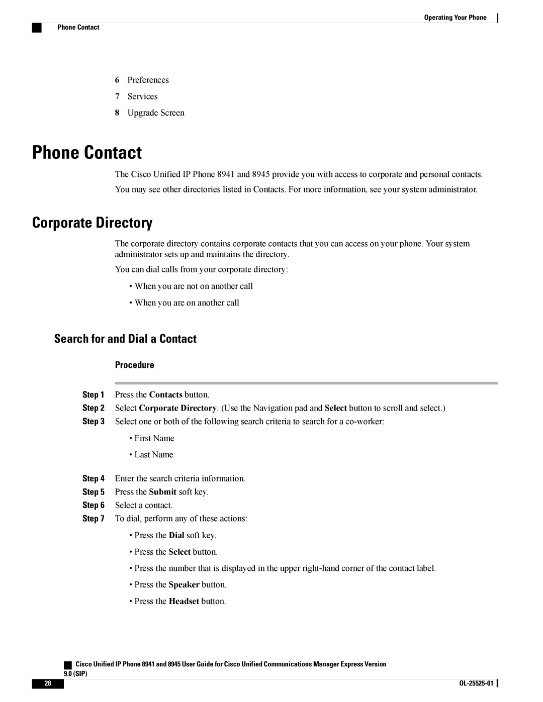 Cisco Systems 8941, 8945 manual Phone Contact, Corporate Directory, Search for and Dial a Contact 