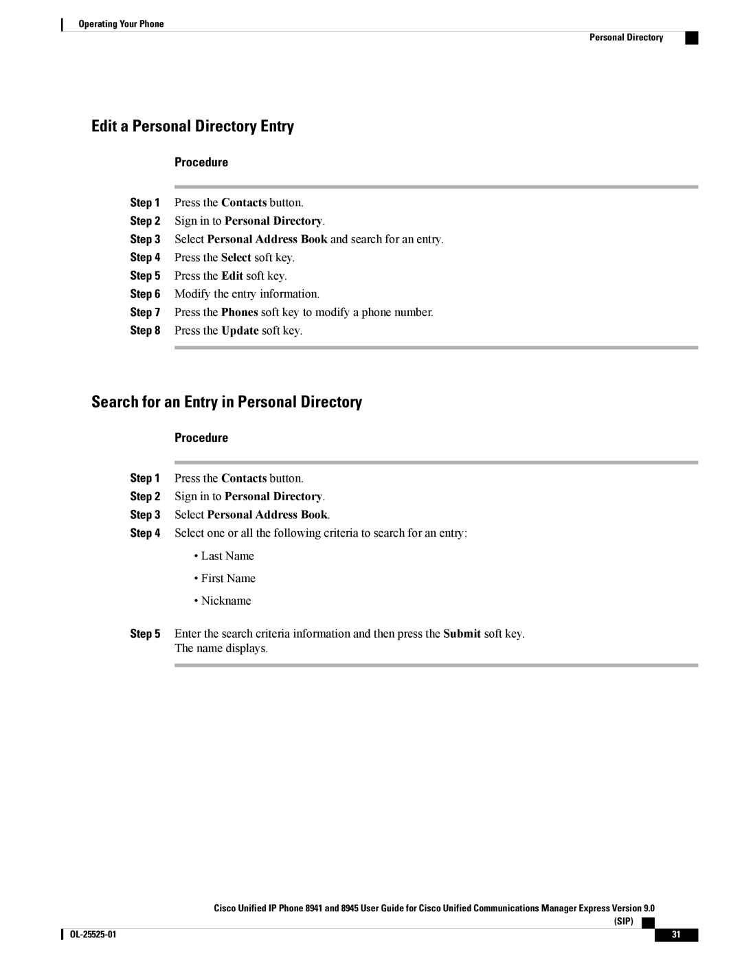 Cisco Systems 8945, 8941 manual Edit a Personal Directory Entry, Search for an Entry in Personal Directory 