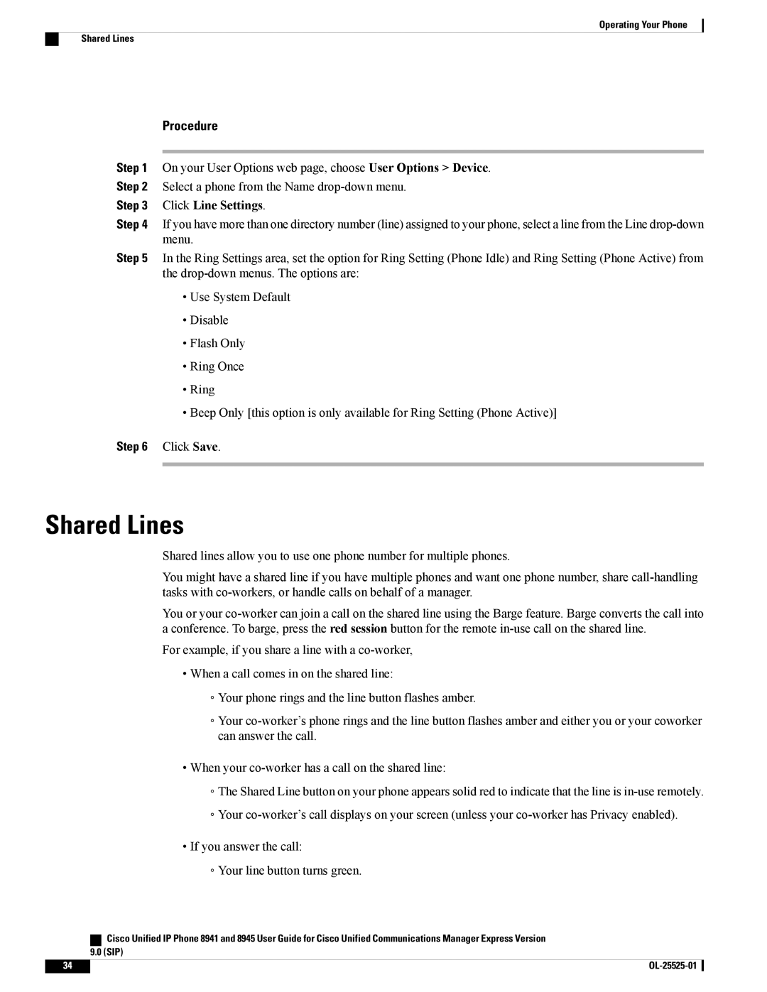 Cisco Systems 8941, 8945 manual Shared Lines, Click Line Settings 