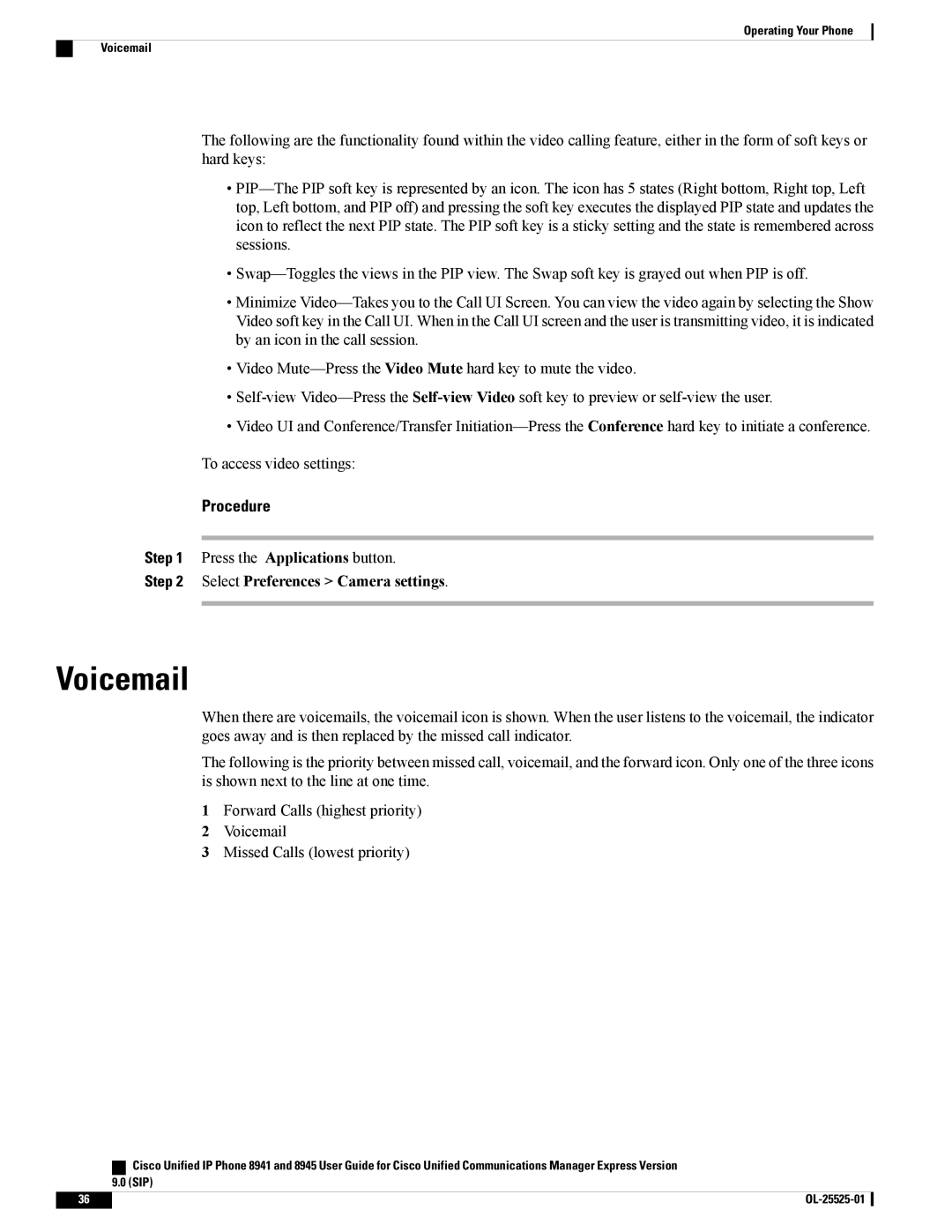 Cisco Systems 8941, 8945 manual Voicemail 