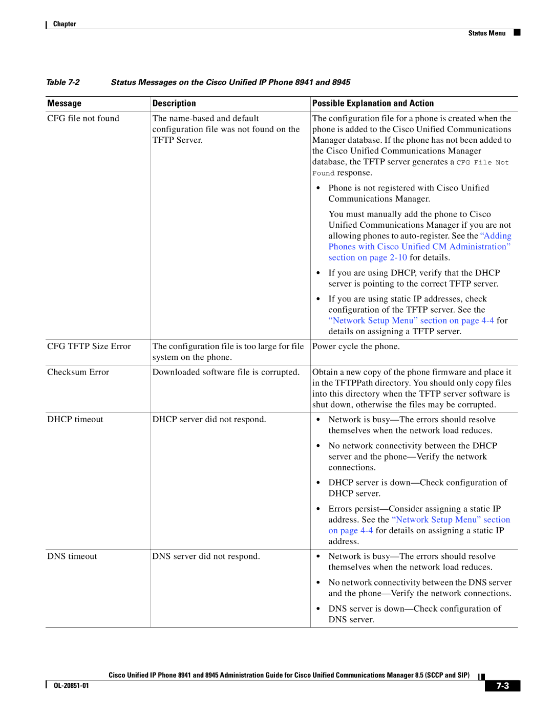 Cisco Systems 8945, 8941 Message Description Possible Explanation and Action, Phones with Cisco Unified CM Administration 