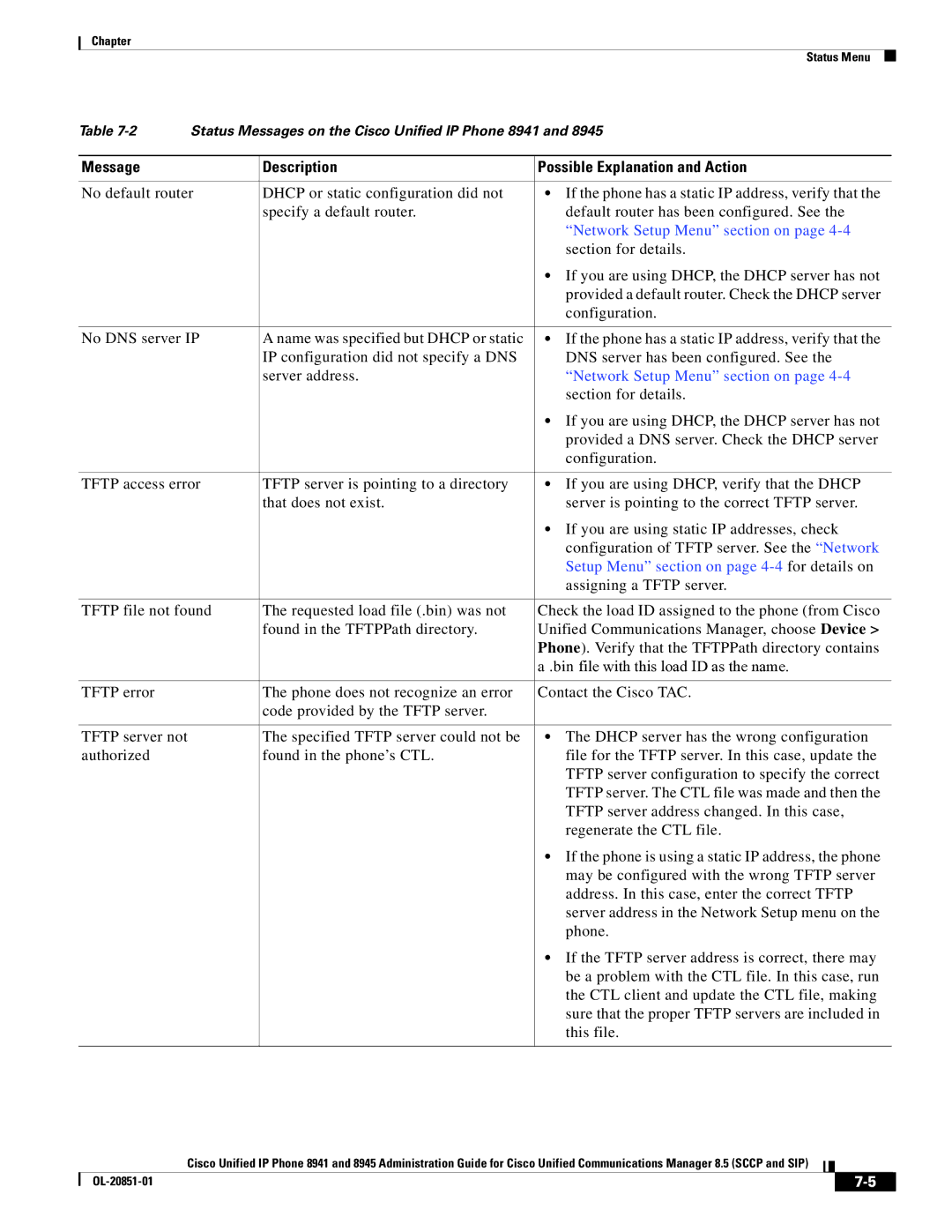 Cisco Systems 8945, 8941 manual Setup Menu section on page 4-4for details on 