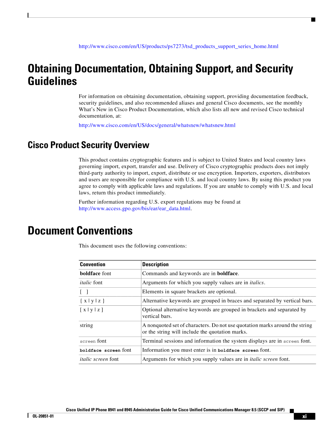 Cisco Systems 8945, 8941 manual Document Conventions, Cisco Product Security Overview, Convention Description, Boldface font 