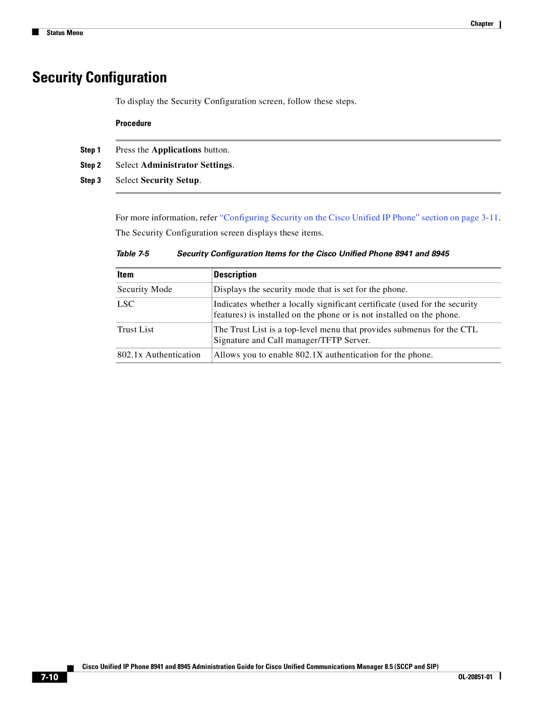 Cisco Systems 8941, 8945 manual Security Configuration, Select Administrator Settings Select Security Setup 