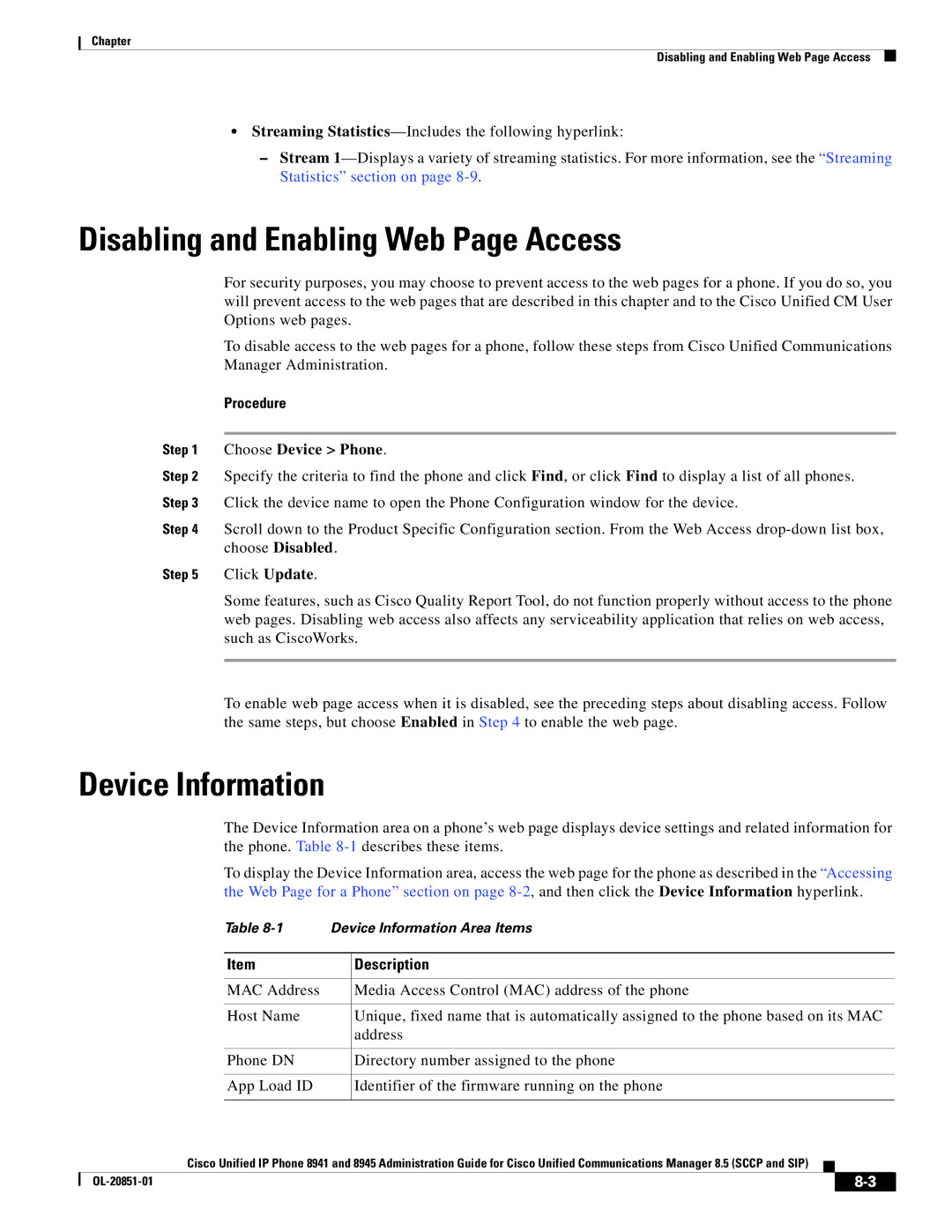 Cisco Systems 8945, 8941 manual Disabling and Enabling Web Page Access, Device Information, Choose Device Phone 