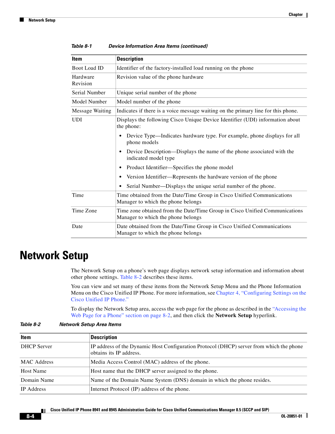 Cisco Systems 8941, 8945 manual Network Setup, Udi 