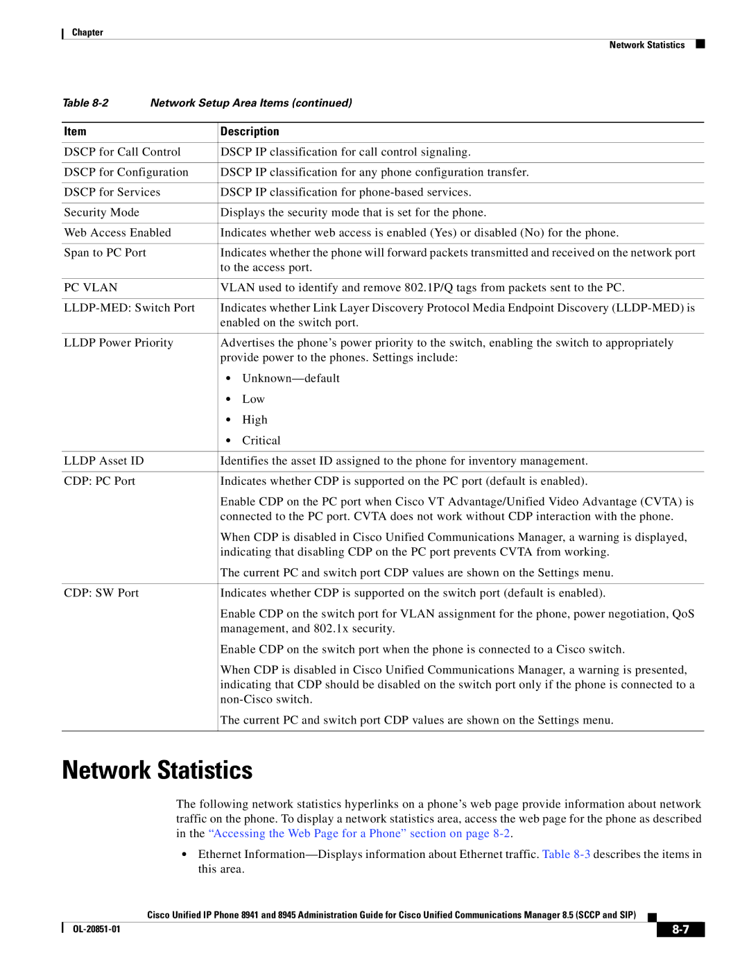 Cisco Systems 8945, 8941 manual Network Statistics, PC Vlan 