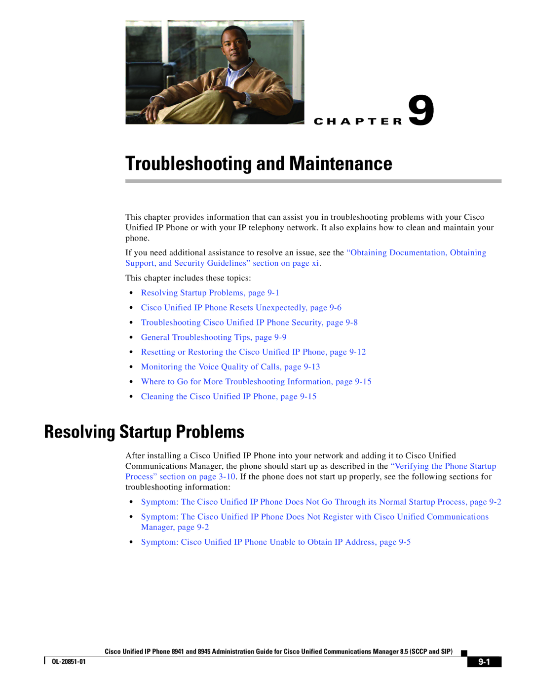 Cisco Systems 8945, 8941 manual Troubleshooting and Maintenance, Resolving Startup Problems 