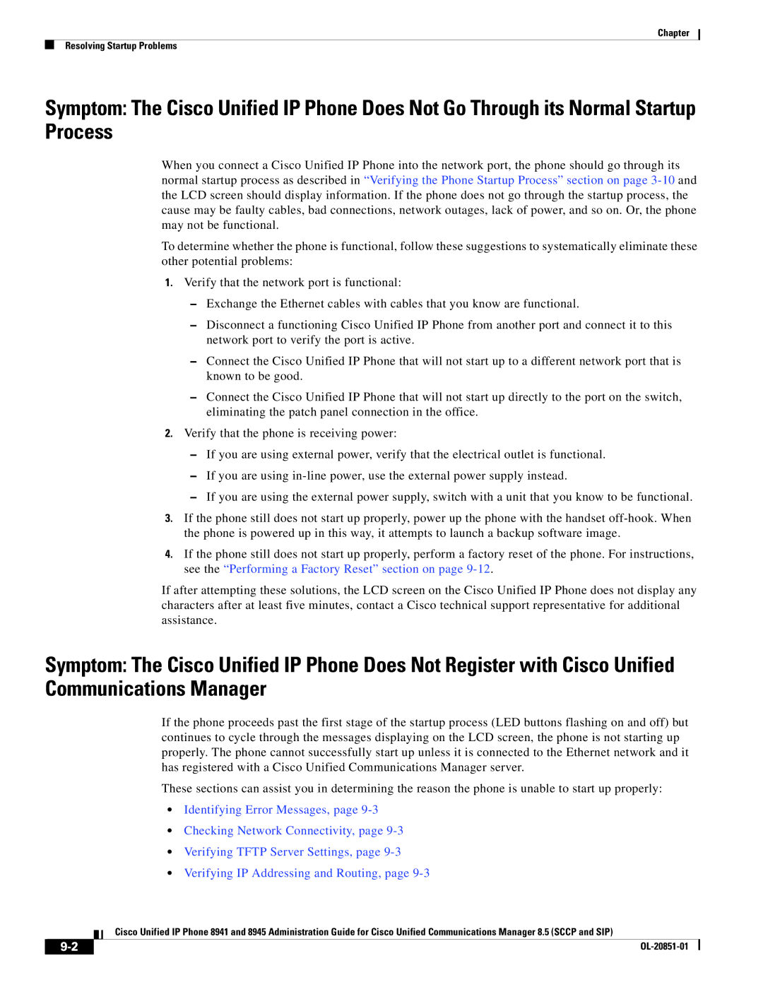 Cisco Systems 8941, 8945 manual Chapter Resolving Startup Problems 