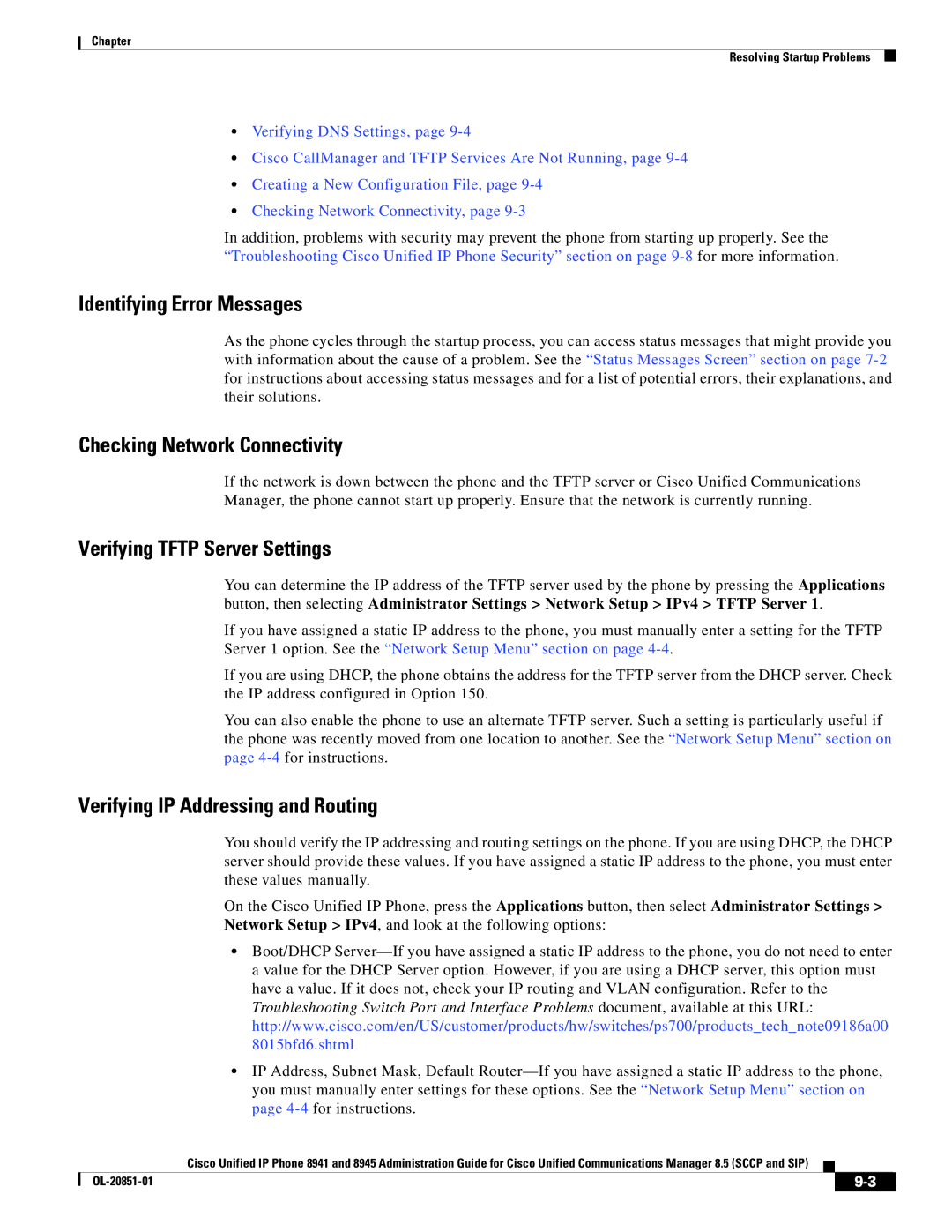 Cisco Systems 8945, 8941 manual Identifying Error Messages 