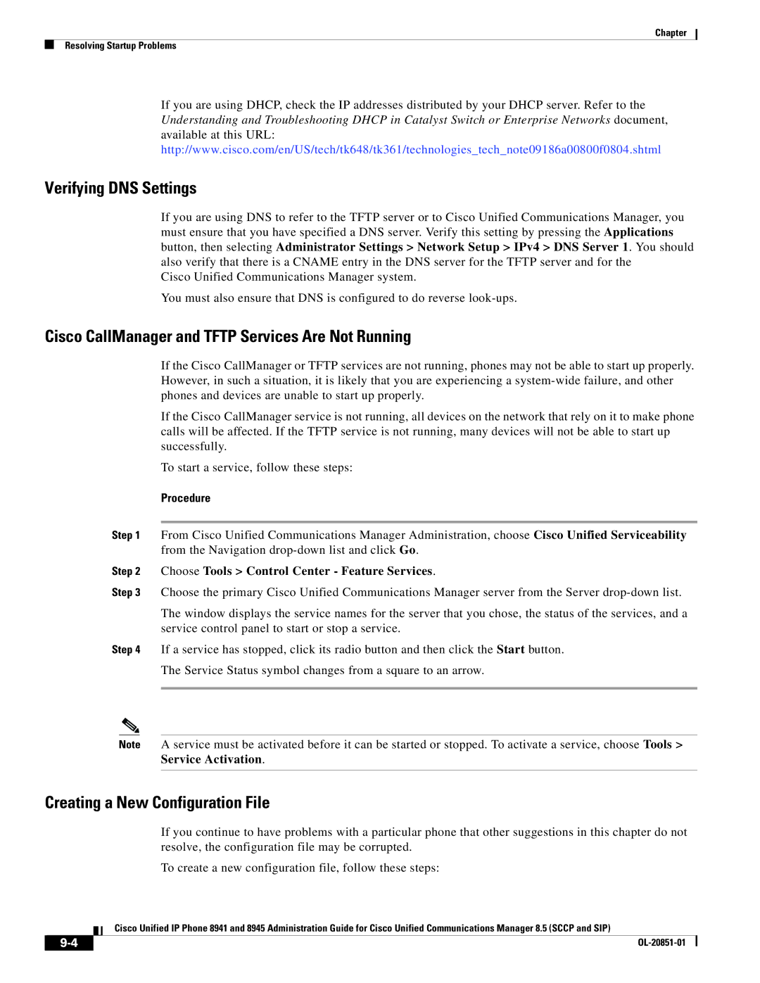 Cisco Systems 8941, 8945 manual Verifying DNS Settings, Choose Tools Control Center Feature Services 