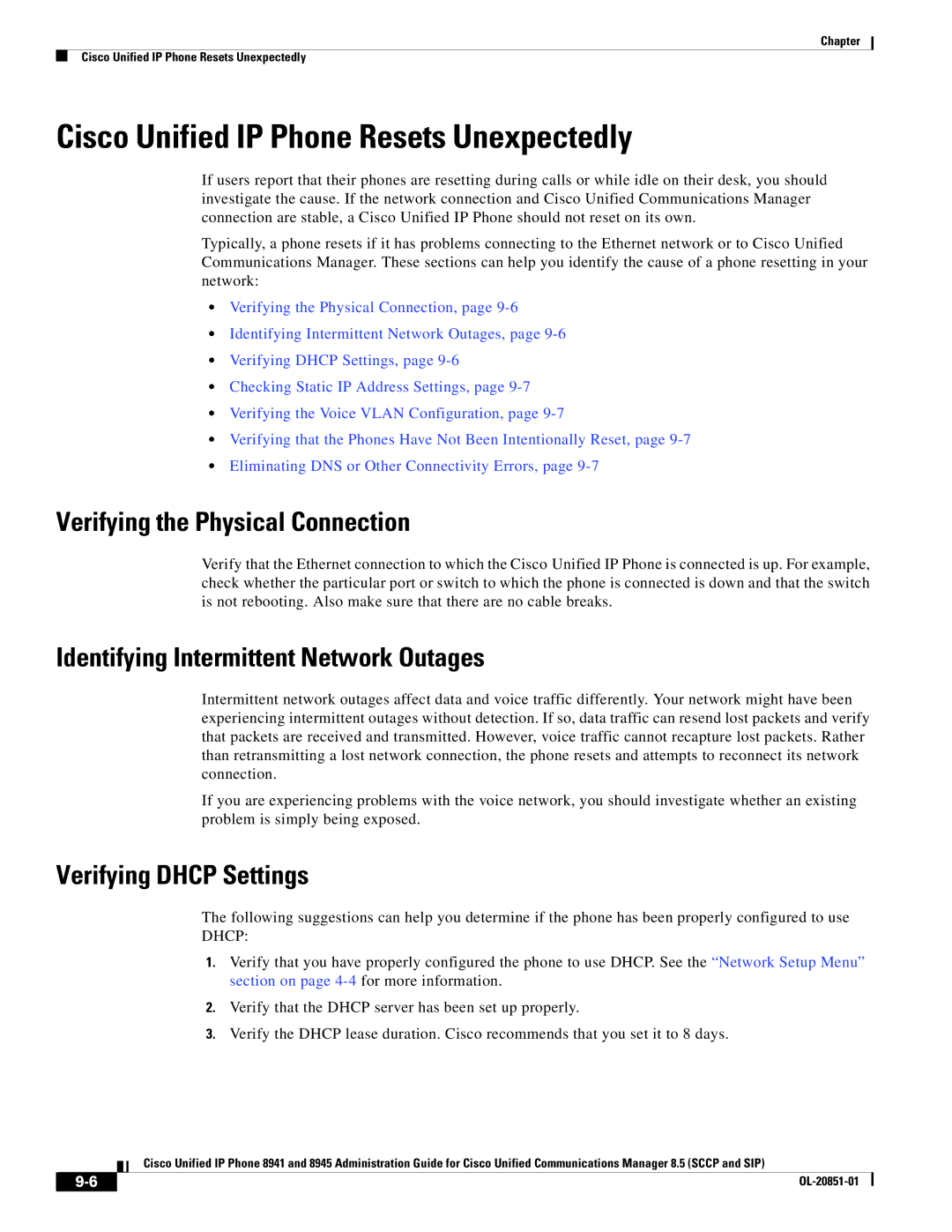 Cisco Systems 8941 Cisco Unified IP Phone Resets Unexpectedly, Verifying the Physical Connection, Verifying Dhcp Settings 