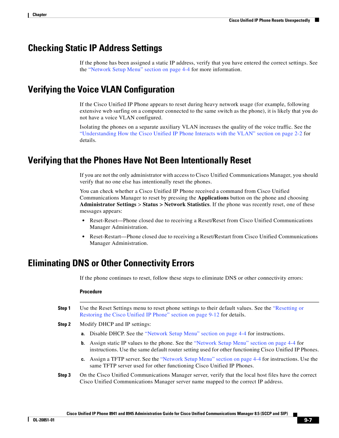 Cisco Systems 8945, 8941 manual Checking Static IP Address Settings, Verifying the Voice Vlan Configuration 