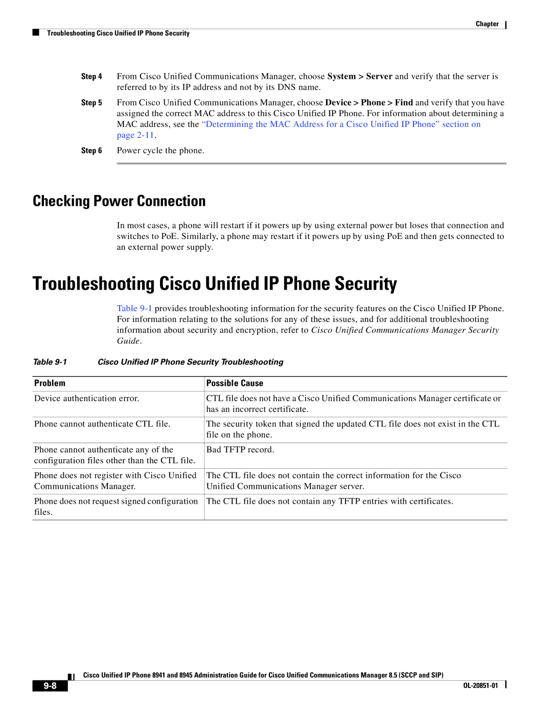 Cisco Systems 8941 Troubleshooting Cisco Unified IP Phone Security, Checking Power Connection, Problem Possible Cause 