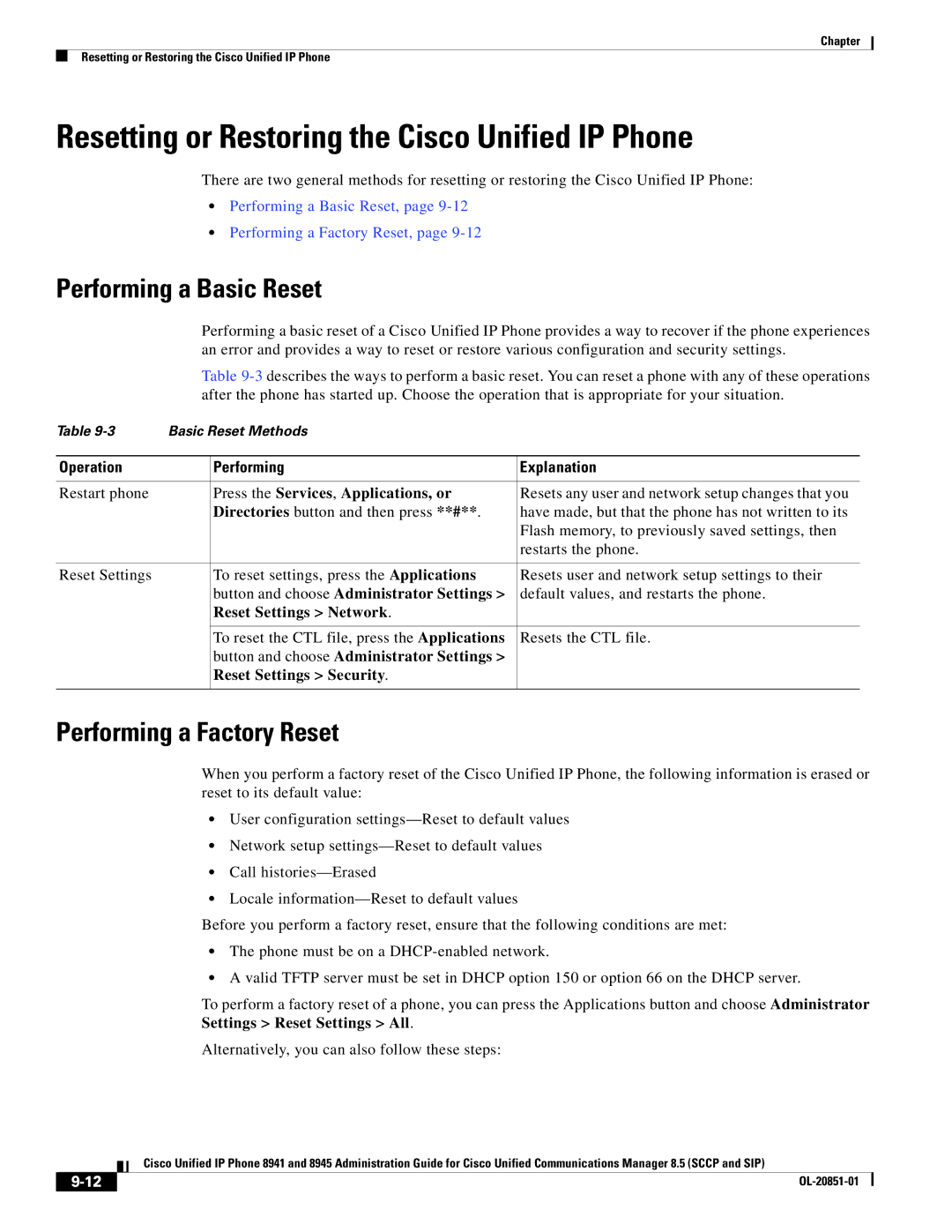 Cisco Systems 8941 Resetting or Restoring the Cisco Unified IP Phone, Performing a Basic Reset, Performing a Factory Reset 