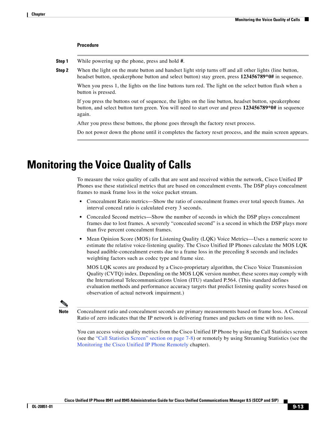 Cisco Systems 8945, 8941 manual Monitoring the Voice Quality of Calls, Procedure 