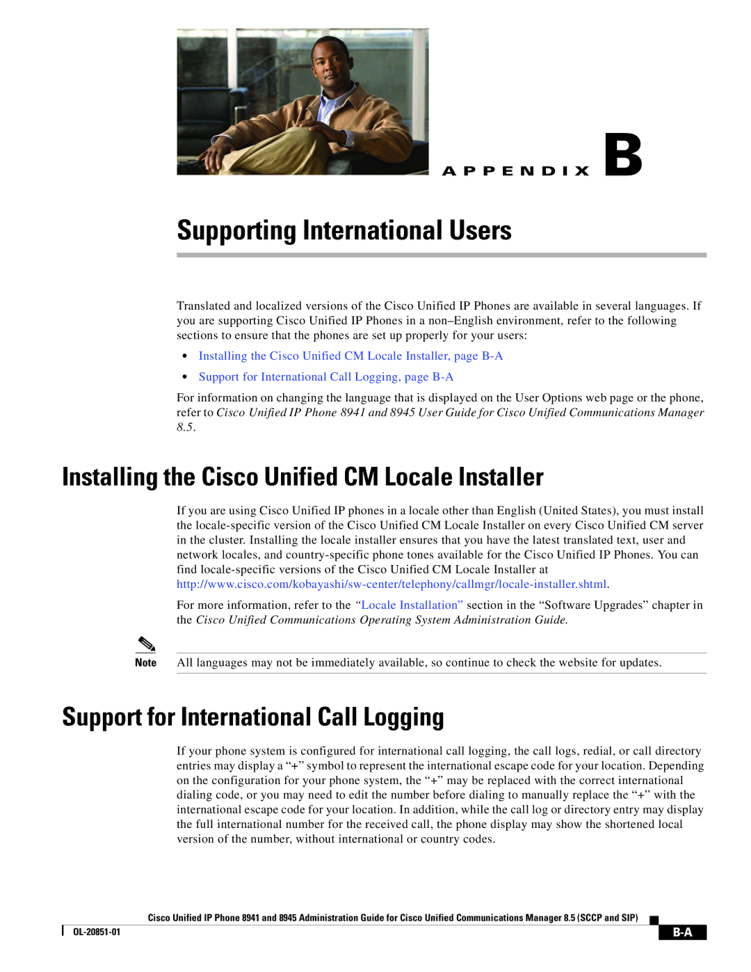 Cisco Systems 8945, 8941 manual Installing the Cisco Unified CM Locale Installer, Support for International Call Logging 