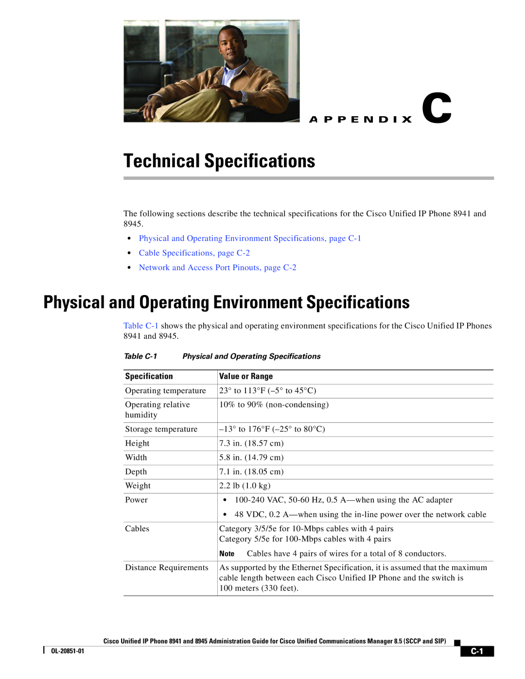 Cisco Systems 8945, 8941 manual Physical and Operating Environment Specifications, Specification Value or Range 