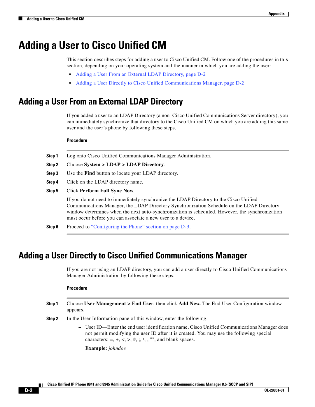 Cisco Systems 8941, 8945 Adding a User to Cisco Unified CM, Adding a User From an External Ldap Directory, Example johndoe 