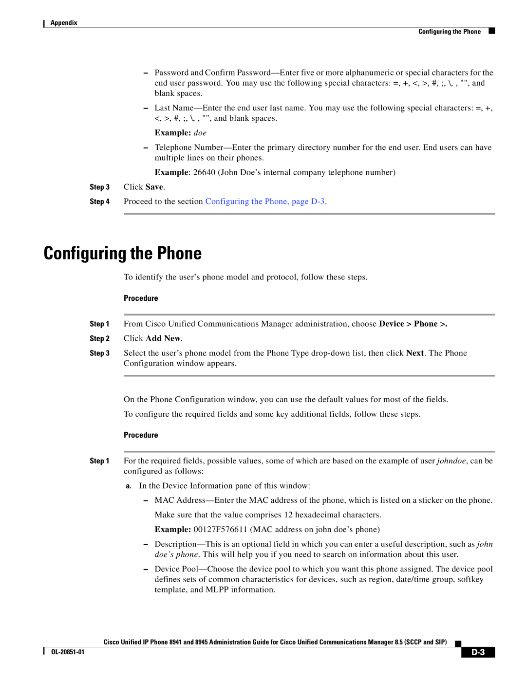 Cisco Systems 8945, 8941 manual Example doe, Proceed to the section Configuring the Phone, page D-3 