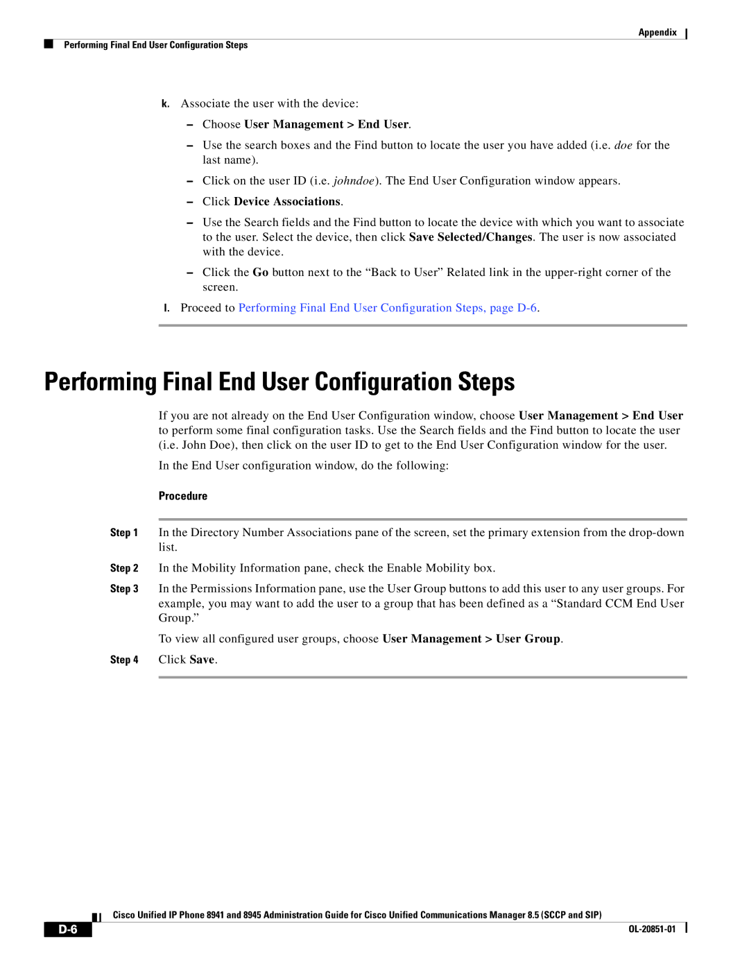 Cisco Systems 8941, 8945 manual Performing Final End User Configuration Steps, Choose User Management End User 