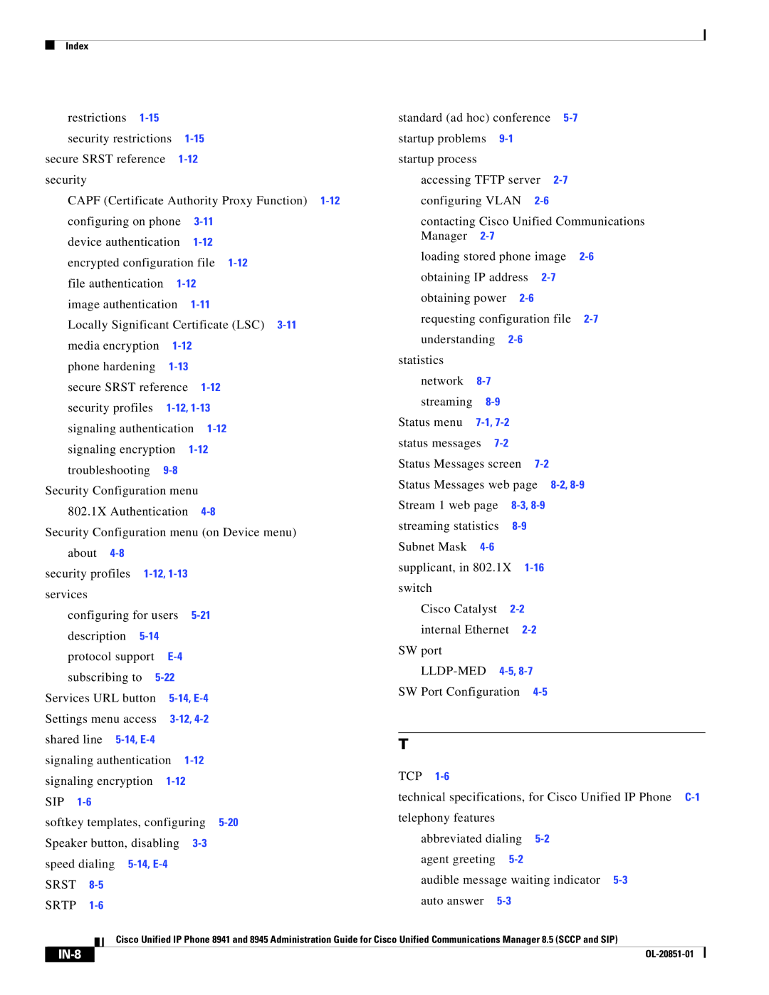 Cisco Systems 8941, 8945 manual Srst Srtp, IN-8 