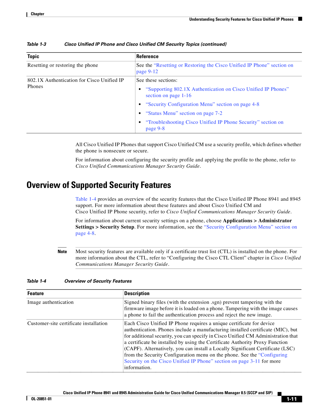 Cisco Systems 8945, 8941 manual Overview of Supported Security Features, Feature Description 