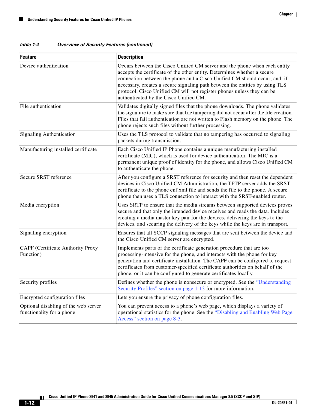 Cisco Systems 8941, 8945 manual Security Profiles section on page 1-13for more information, Access section on 