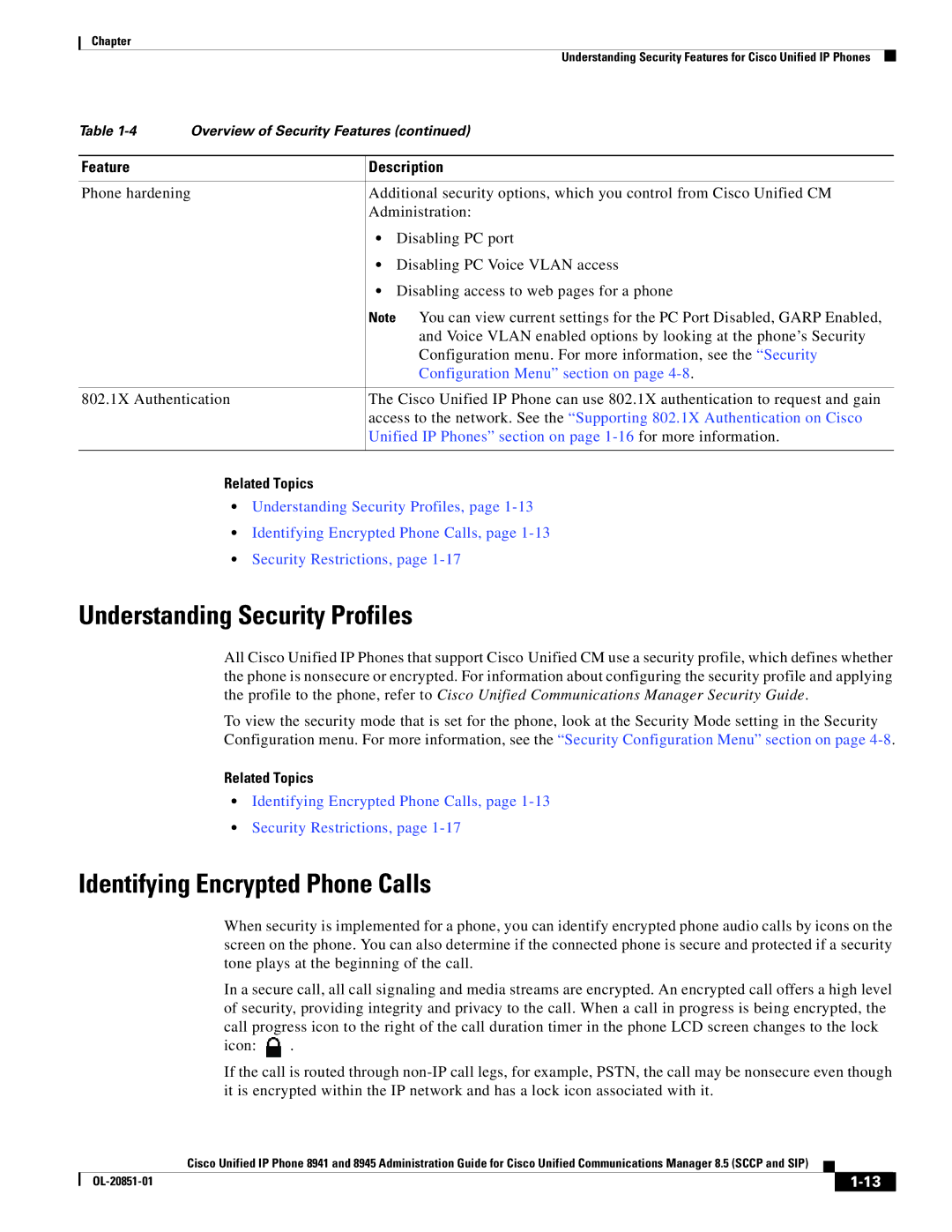 Cisco Systems 8945, 8941 Understanding Security Profiles, Identifying Encrypted Phone Calls, Configuration Menu section on 