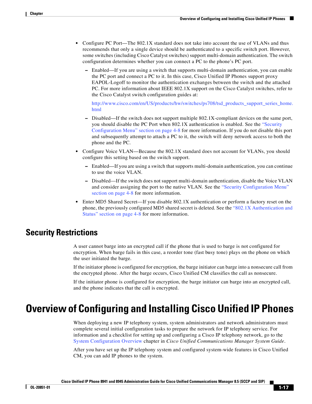 Cisco Systems 8945, 8941 manual Security Restrictions 