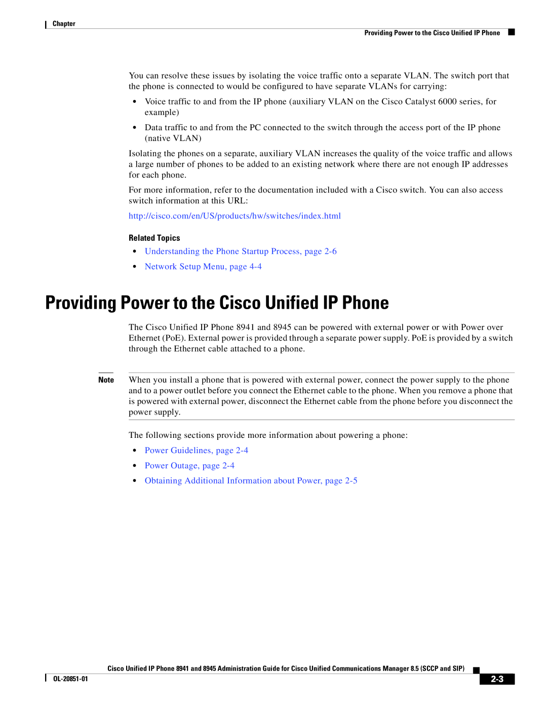 Cisco Systems 8945, 8941 manual Providing Power to the Cisco Unified IP Phone 