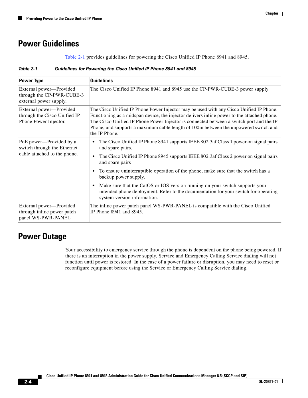 Cisco Systems 8941, 8945 manual Power Guidelines, Power Outage, Power Type Guidelines 