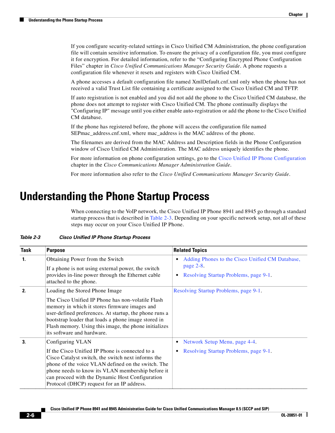 Cisco Systems 8941, 8945 manual Understanding the Phone Startup Process, Purpose Related Topics, Resolving Startup Problems 