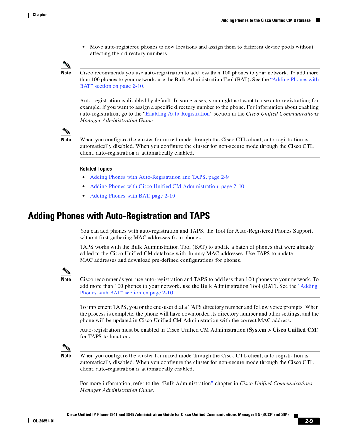 Cisco Systems 8945, 8941 manual Adding Phones with Auto-Registration and Taps 