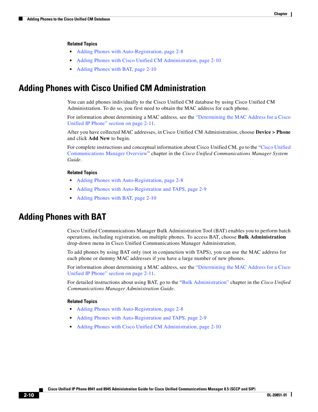 Cisco Systems 8941, 8945 manual Adding Phones with Cisco Unified CM Administration, Adding Phones with BAT 