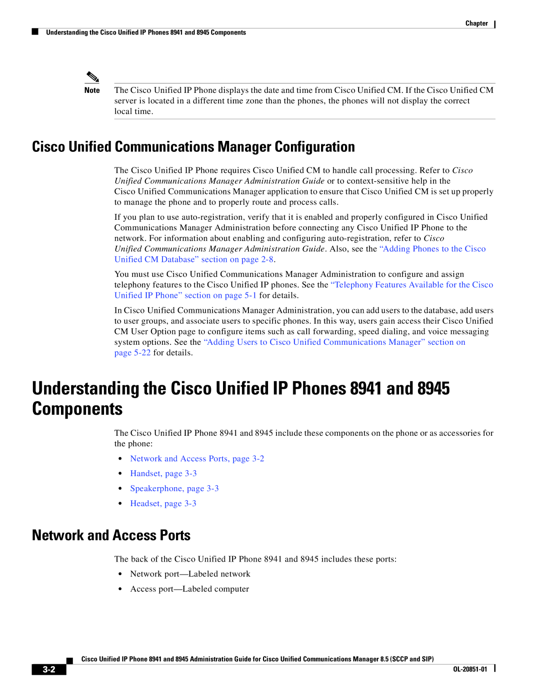 Cisco Systems 8941, 8945 manual Cisco Unified Communications Manager Configuration, Network and Access Ports 