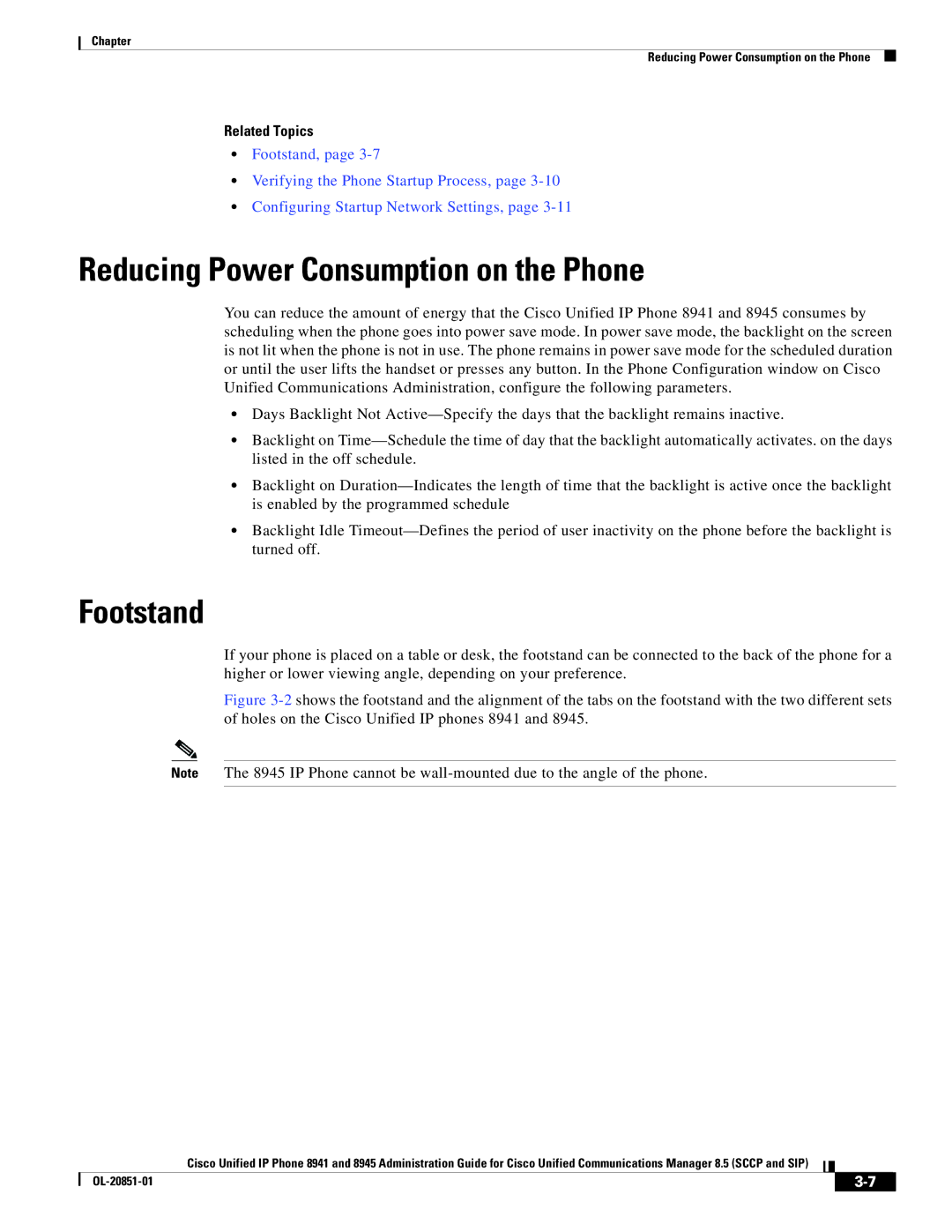 Cisco Systems 8945, 8941 manual Reducing Power Consumption on the Phone, Footstand 