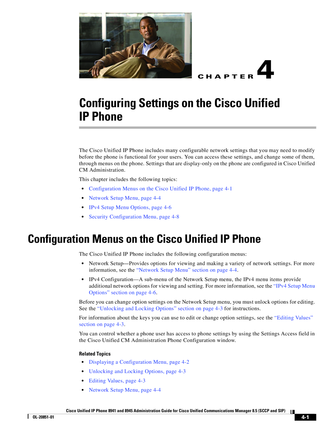 Cisco Systems 8945 Configuring Settings on the Cisco Unified IP Phone, Configuration Menus on the Cisco Unified IP Phone 