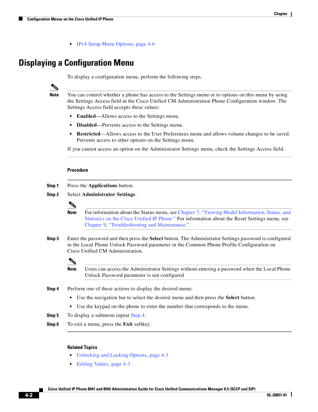 Cisco Systems 8941, 8945 manual Displaying a Configuration Menu, Select Administrator Settings 