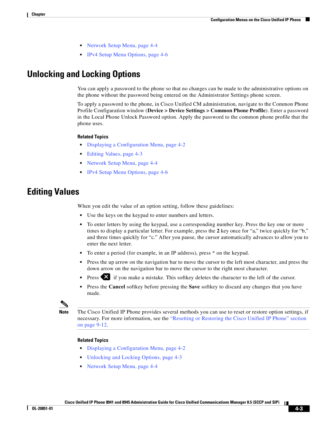 Cisco Systems 8945, 8941 manual Unlocking and Locking Options, Editing Values, Network Setup Menu, IPv4 Setup Menu Options 