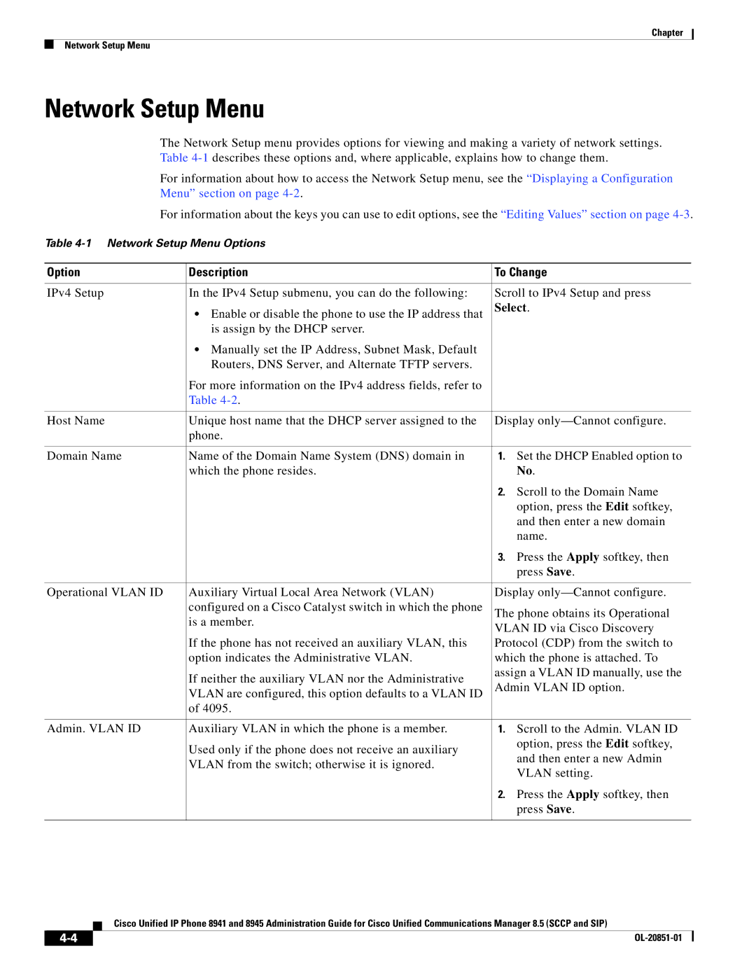 Cisco Systems 8941, 8945 manual Network Setup Menu, Option Description To Change, Select 