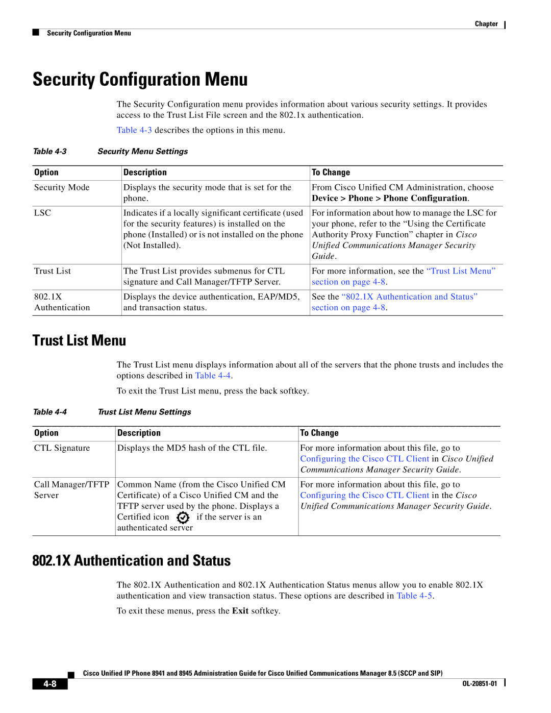 Cisco Systems 8941, 8945 manual Security Configuration Menu, Trust List Menu, 802.1X Authentication and Status 