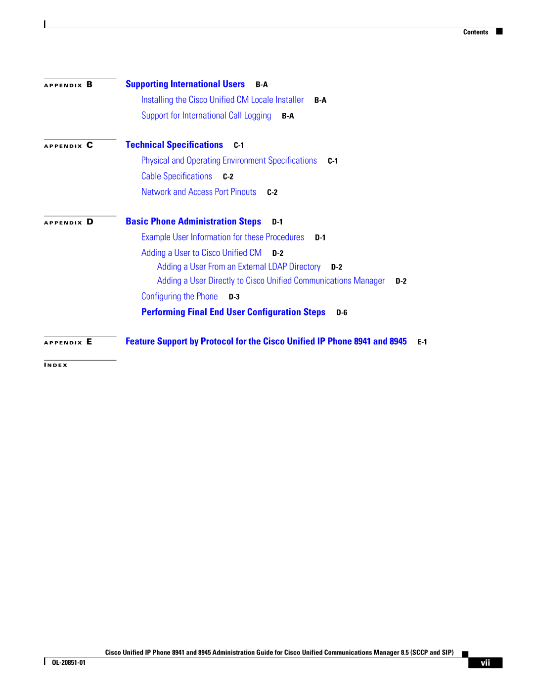 Cisco Systems 8945, 8941 manual Cable Specifications C-2 Network and Access Port Pinouts C-2 