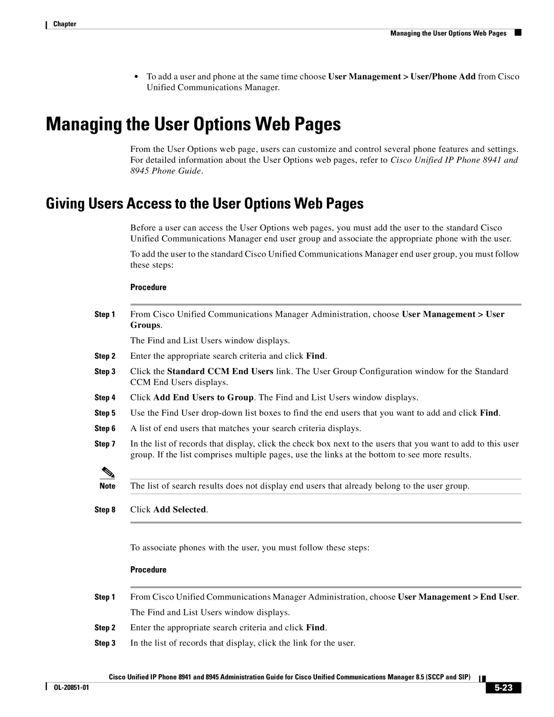 Cisco Systems 8945, 8941 manual Managing the User Options Web Pages, Giving Users Access to the User Options Web Pages 