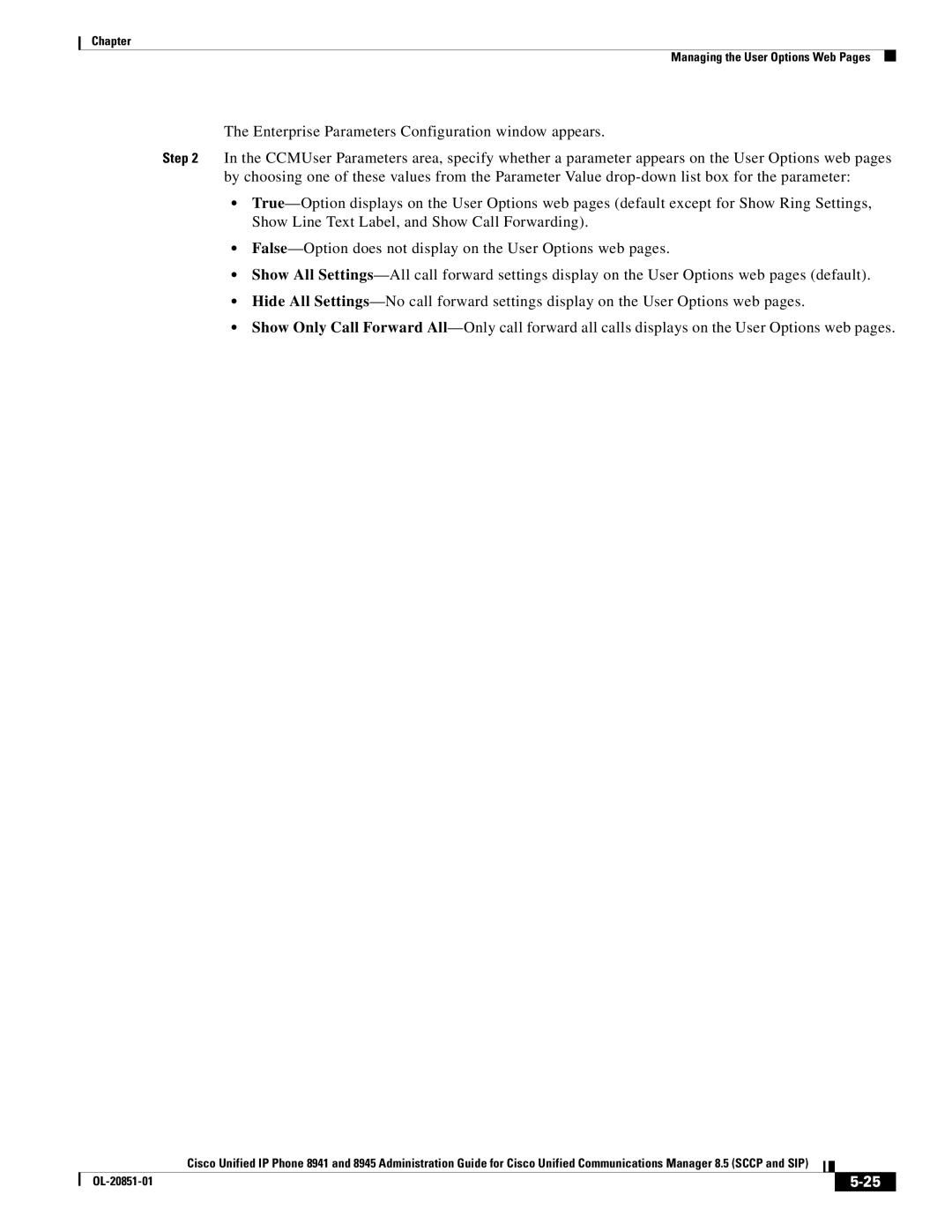 Cisco Systems 8945, 8941 manual Chapter Managing the User Options Web Pages 